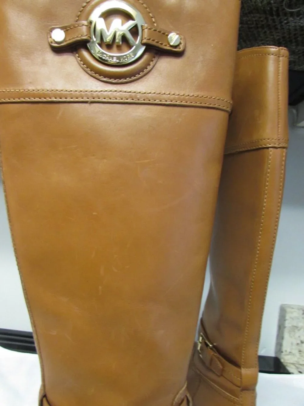 Michael Kors Hamilton Boots Tall Tan Brown Leather Logo Knee Zip 5.5 M